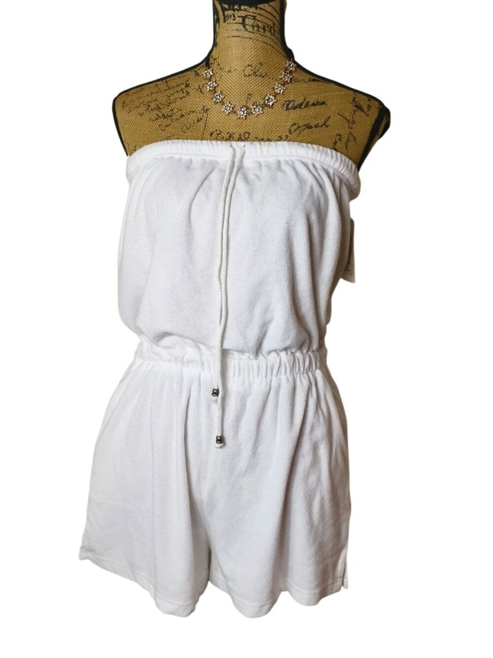 Womens S Strapless Romper White Terrycloth Swimsuit Cover Up Drawstring Cypress